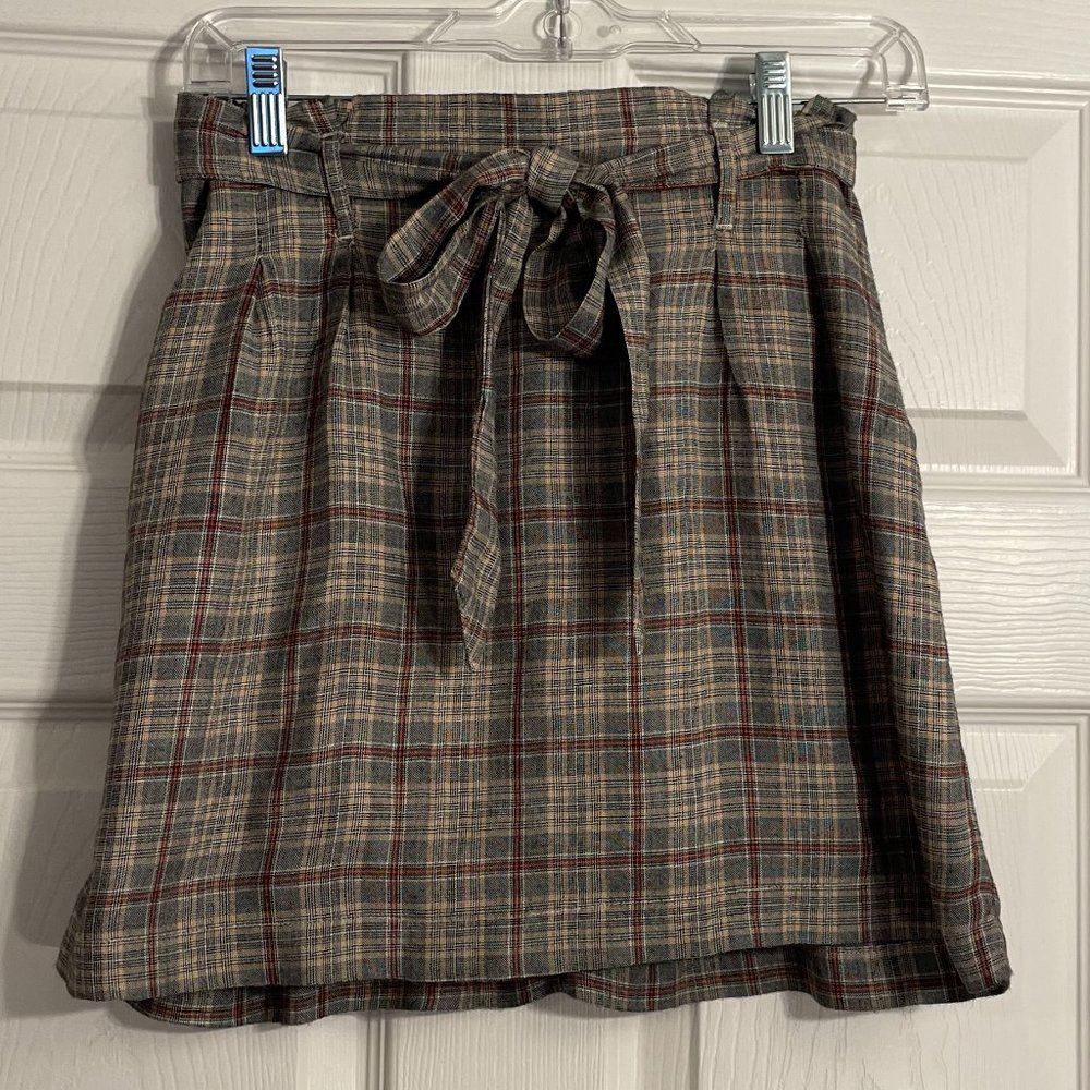 American Eagle Women's Grey Plaid Belted Lined Mini Skirt Size Small